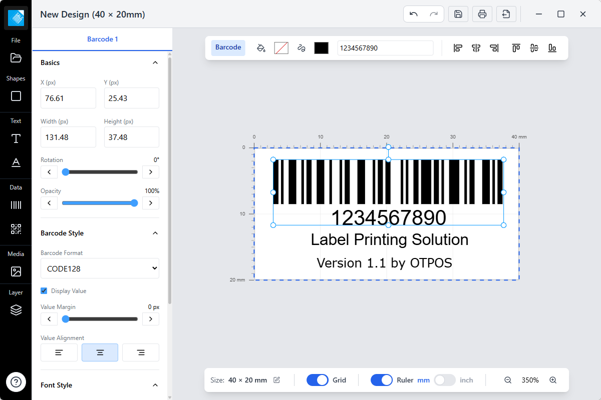 Label design software for thermal printers editing a 40 x 20 mm barcode label