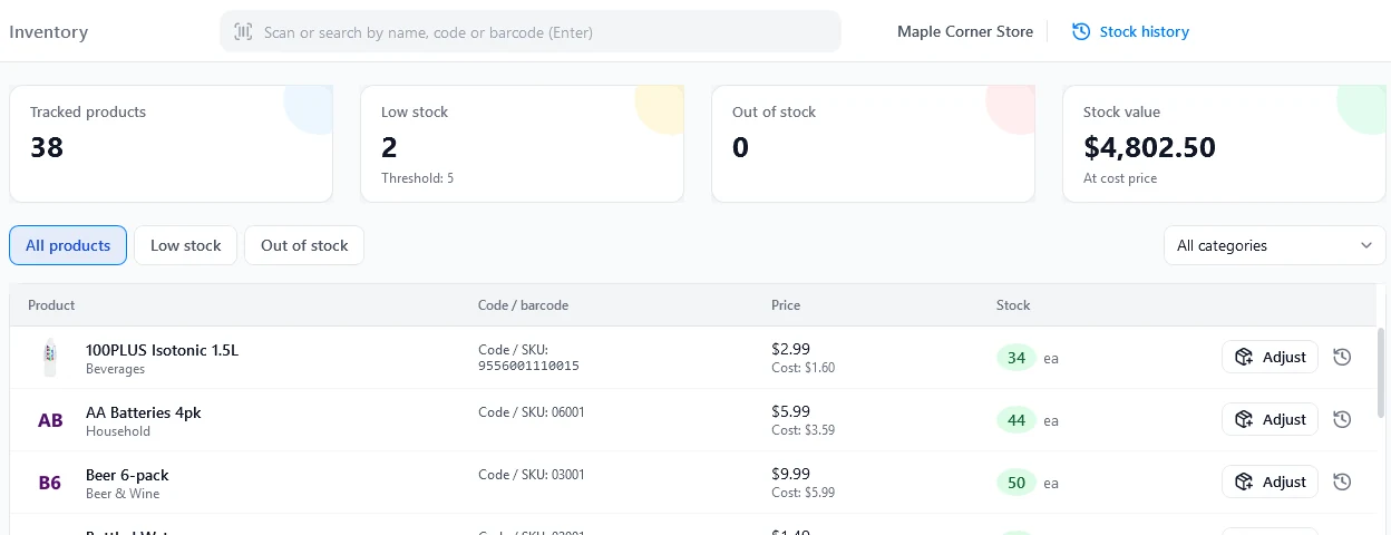 Inventory page with stock summary cards and product list