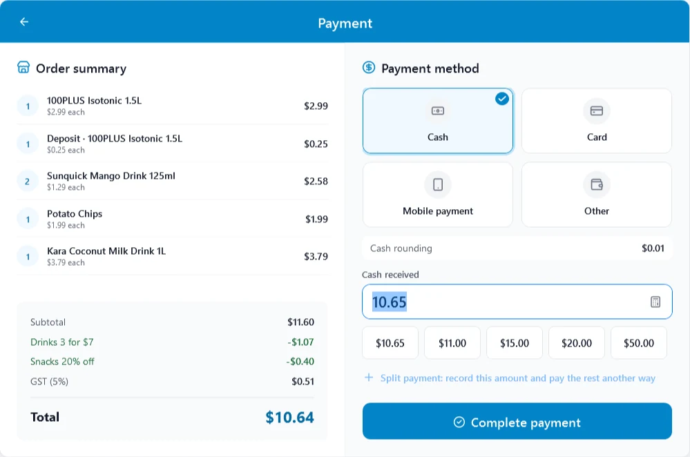 Payment screen with order summary, payment methods, cash received and quick amounts