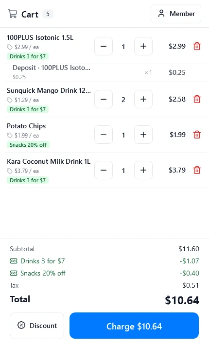 Cart with items, bottle deposit, promotions, tax and total