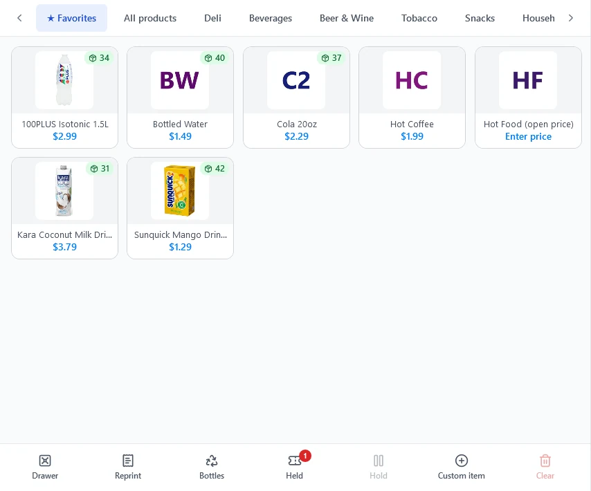POS screen: category tabs, product tiles with stock badges and function keys