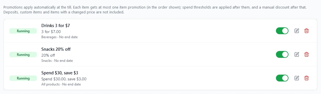 Promotions list with on/off switches