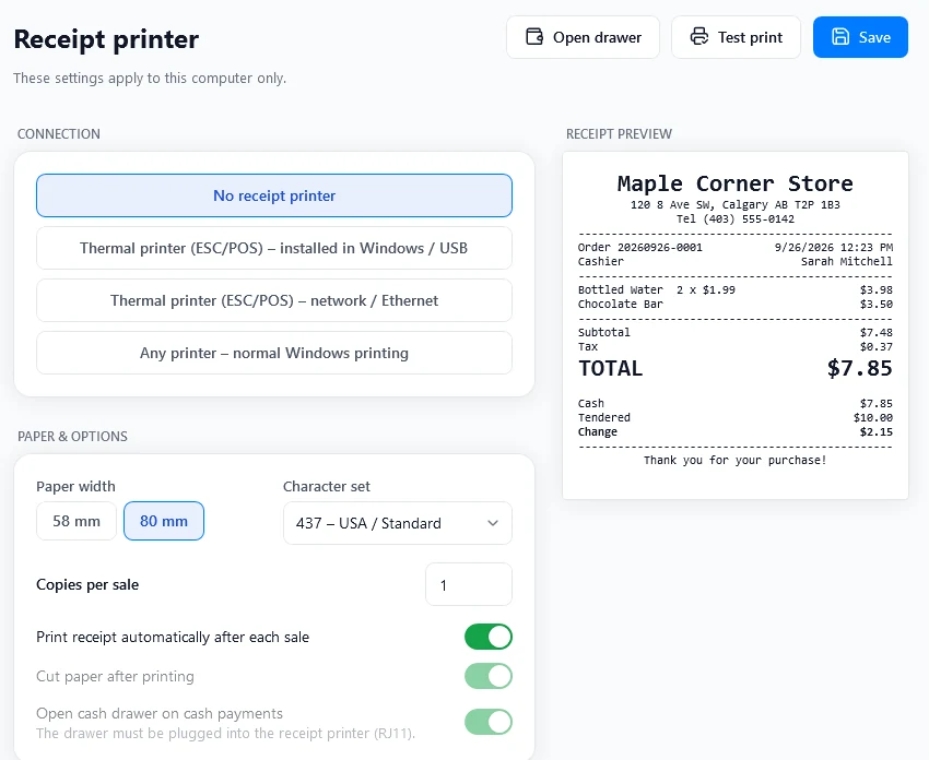 Receipt printer settings with receipt preview