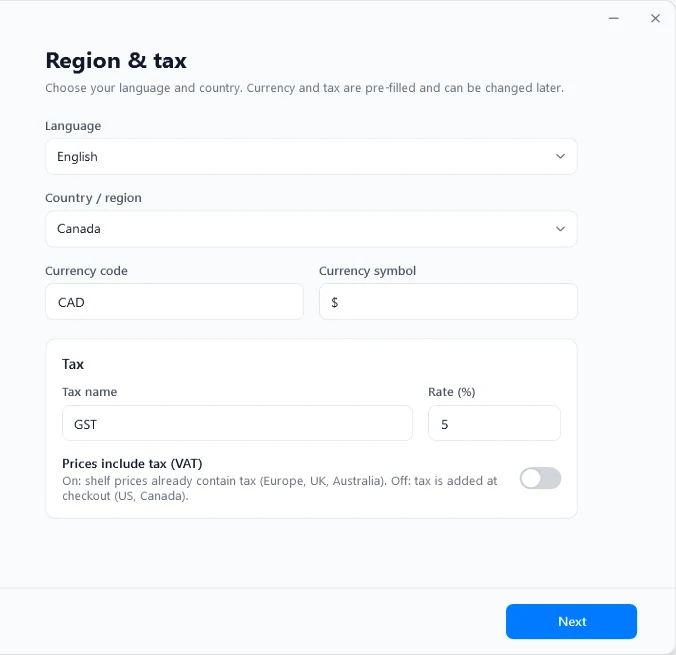 Setup wizard: region and tax