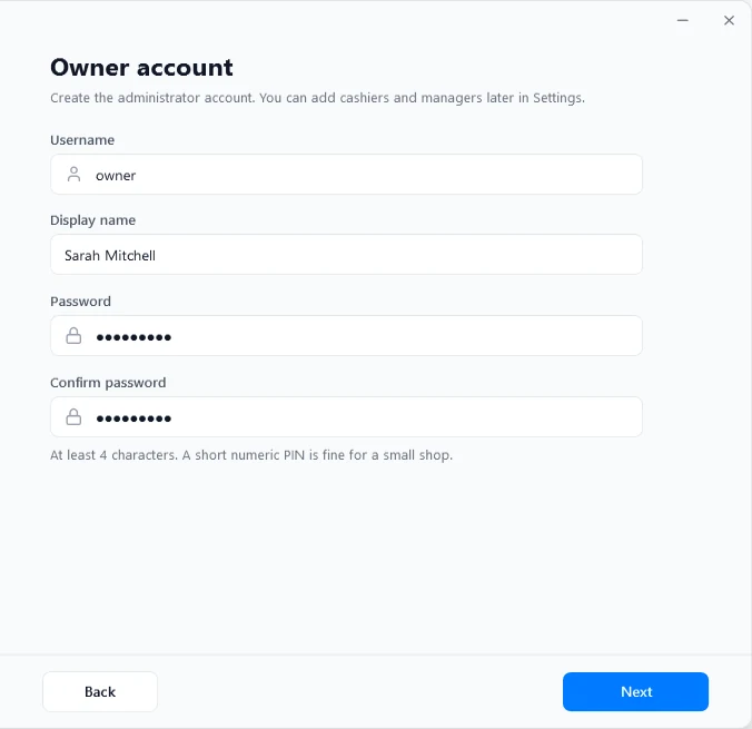Setup wizard: owner account