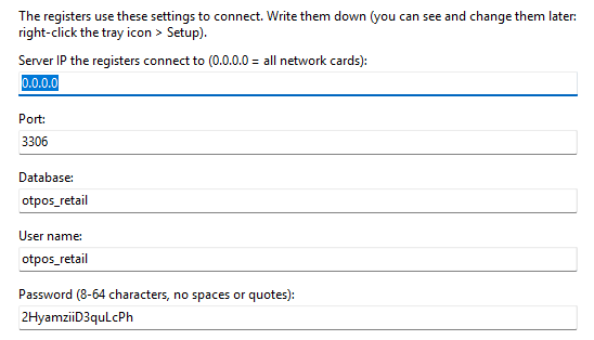 Setup wizard: MySQL connection page with server IP, port, database, user name and password