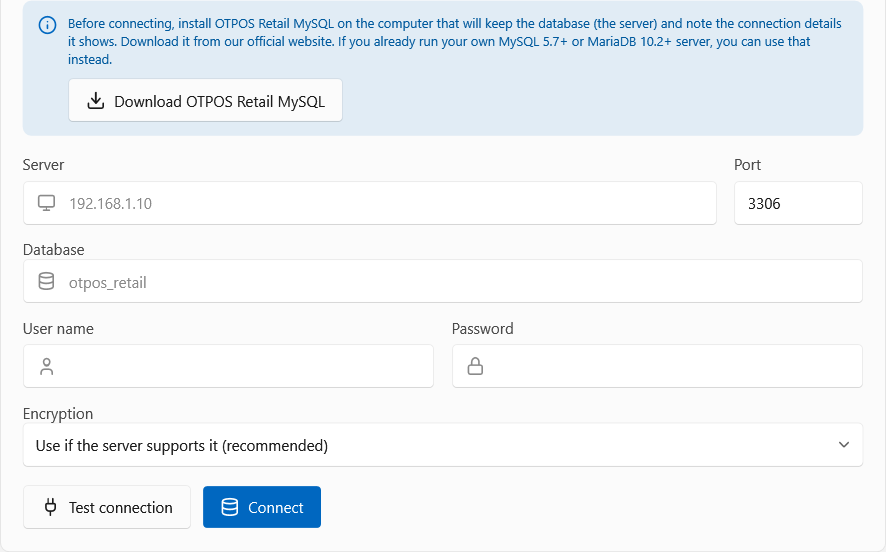 Network database connection form with Server, Port, Database, User name, Password, Encryption, Test connection and Connect
