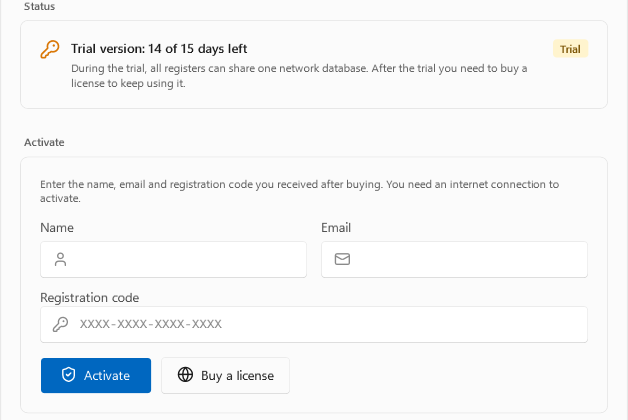 Register OTPOS Retail dialog: trial status with days left, activation fields Name, Email, Registration code, Activate and Buy a license
