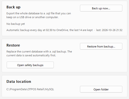 Setup window, Backup and restore page: Back up now, automatic backup status, Restore from backup, Open safety backups, data location