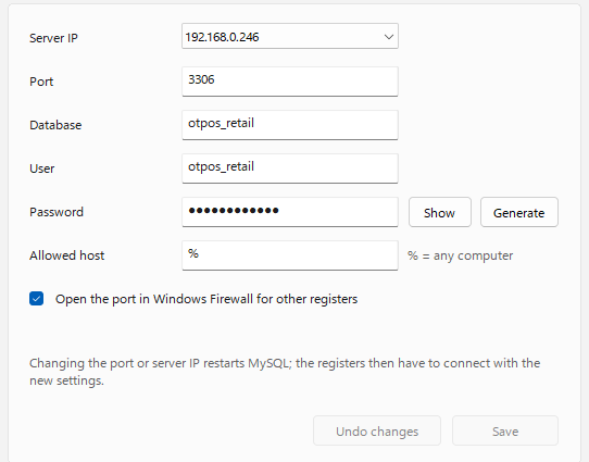 Setup window, Connection page: Server IP, Port, Database, User, Password with Show and Generate, Allowed host, firewall option, Undo changes and Save