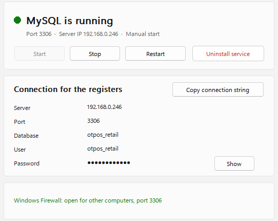 OTPOS Retail MySQL Setup window, Overview page: MySQL is running, connection details for the registers, firewall status